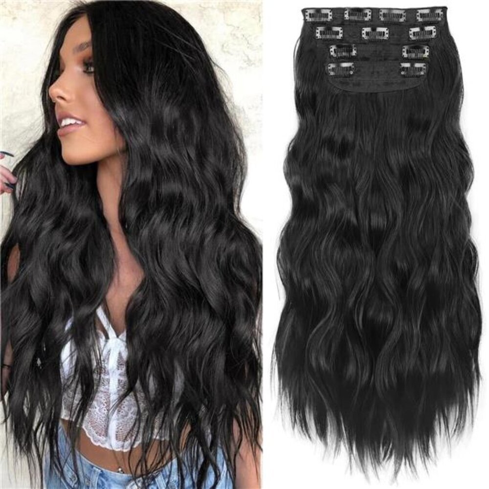 KooKaStyle Clip in Synthetic Hair Extensions Long Wavy 4PCS Thick Hairpieces